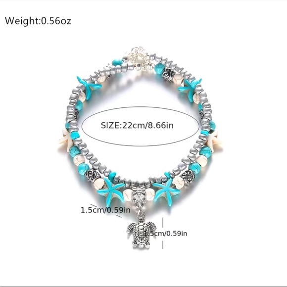 Boho Double Layer Beaded Anklet Beads & Turtle Shape Pendant Adjustable - Picture 2 of 6